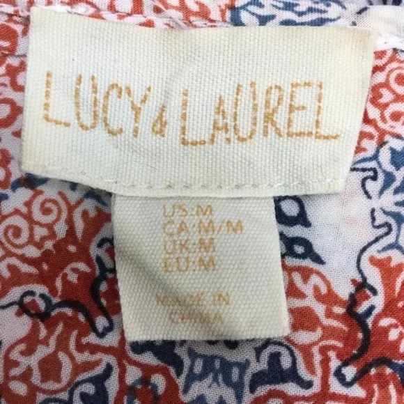 Lucy & Laurel Anthropologie Womens Boho Top Size Medium Orange/Blue Print Tassel - Picture 6 of 7